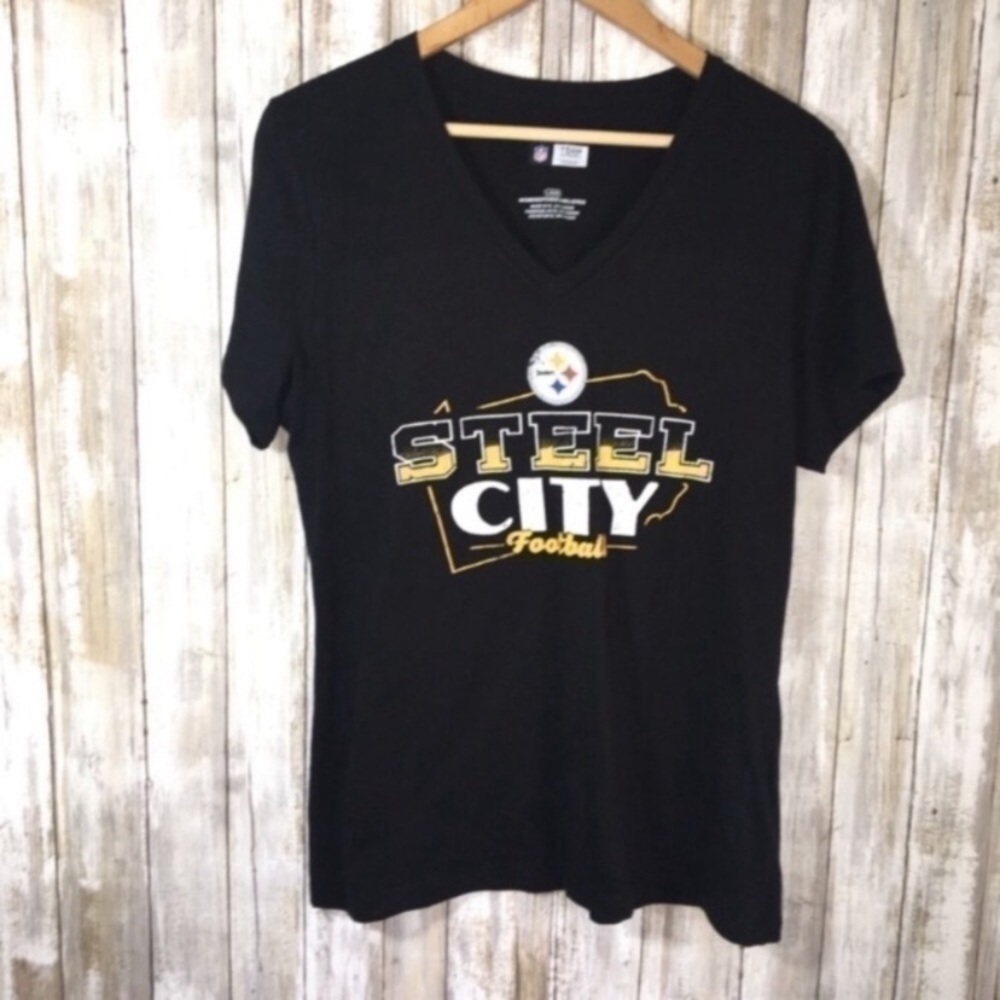 NFL Pittsburgh Steelers Steel City Women’s Large Black V Neck Tee Football Shirt